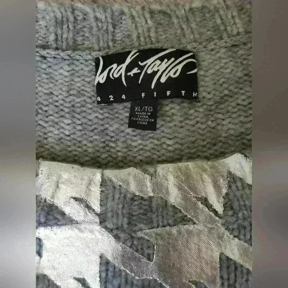 LORD & TAYLOR 424 5TH wool grey sweater with silver houndstooth. Size XL - Picture 2 of 6